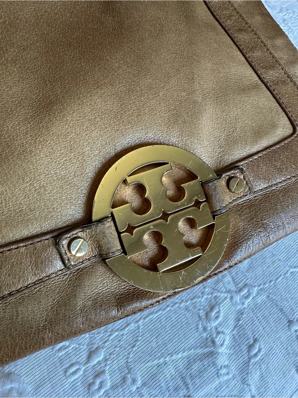 Tory Burch Tan Distressed Leather Shoulder Bag with Gold Logo Medallion